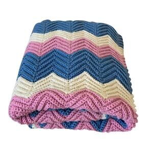 Vintage Hand Knit Baby Blanket Chevron 32" x 62" Blue Pink Granny Afghan